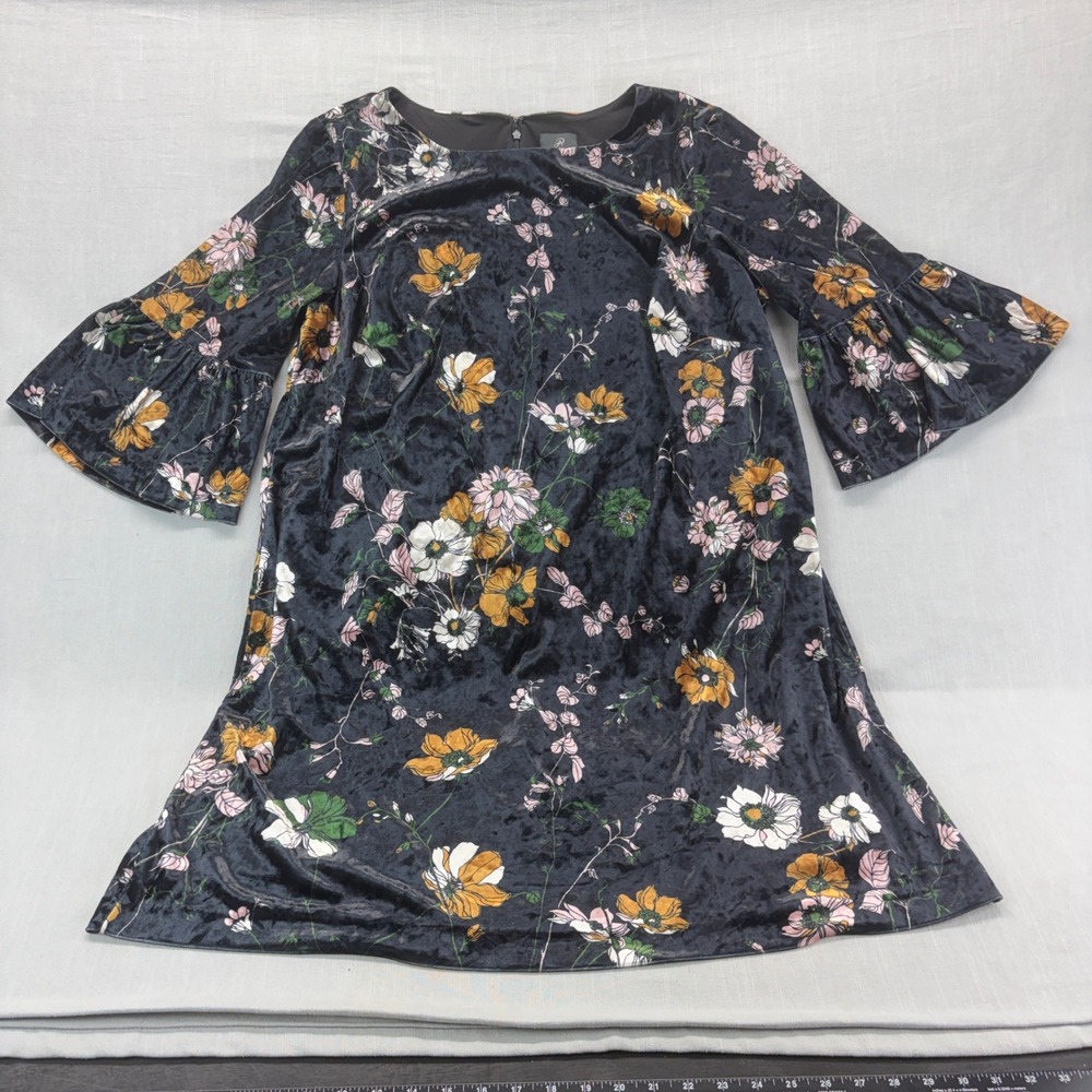Adrianna Papell Dress Women 20W Floral Velvet Bell Sleeve Black Shift